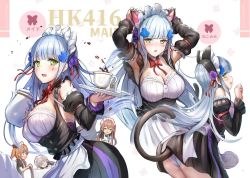 Rule 34 | 404 (girls&#039; frontline), 4girls, :o, animal ears, armpits, arms up, ass, blunt bangs, blush, bow, bowtie, breasts, brown eyes, brown hair, cat ears, cat tail, character name, cleavage, commentary, cup, detached collar, detached sleeves, dress, facial mark, frilled sleeves, frills, frown, g11 (girls&#039; frontline), girls&#039; frontline, green eyes, hair between eyes, hair ornament, hairclip, himonoata, hk416 (girls&#039; frontline), holding, holding teapot, holding tray, large breasts, light particles, long hair, looking at viewer, maid, maid headdress, medium breasts, multiple girls, multiple views, one side up, open mouth, red neckwear, scar, scar across eye, scar on face, silver hair, sleeping, smile, sparkle, tail, teapot, teardrop, tray, tsurime, twintails, ump45 (girls&#039; frontline), ump9 (girls&#039; frontline), upper body, very long hair, yellow eyes