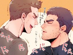 Rule 34 | 2boys, adam&#039;s apple, brown hair, chris redfield, commentary request, embarrassed, closed eyes, facial hair, facing another, highres, komatta (jammochi), male focus, multiple boys, open mouth, piers nivans, polka dot, polka dot background, resident evil, resident evil 6, short hair, sound effects, stubble, sweat, talking, translation request, trembling, yaoi