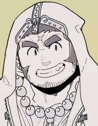 Rule 34 | 1boy, bara, bead necklace, beads, chest hair, cross scar, facial hair, gg ths lah, grin, hood, hood up, houzouin oniwaka, jewelry, long sideburns, male focus, mature male, necklace, pectoral cleavage, pectorals, scar, scar on face, scar on forehead, short hair, sideburns, smile, solo, stubble, thick eyebrows, tokyo houkago summoners, upper body