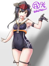 Rule 34 | 1girl, armpits, artist logo, asymmetrical hair, black hair, black one-piece swimsuit, brown eyes, cowboy shot, crop top, dated, framed breasts, gloves, hair between eyes, headphones, i-14 (kancolle), kantai collection, looking at viewer, neckerchief, one-piece swimsuit, open mouth, partially fingerless gloves, sailor collar, school swimsuit, short hair, single glove, solo, swimsuit, tatsumi ray, twitter username