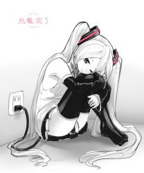 Rule 34 | 1girl, ^^^, android, bare shoulders, black skirt, black thighhighs, commentary, corner, detached sleeves, electric plug, electrical outlet, greyscale, hair ornament, hatsune miku, head rest, highres, hugging own legs, indoors, knees to chest, long hair, looking at viewer, monochrome, one eye closed, otyakana, parted lips, room, shirt, sitting, skirt, sleeping, sleeveless, sleeveless shirt, spot color, symbol-only commentary, thighhighs, translated, twintails, very long hair, vocaloid, waking up