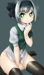 Rule 34 | 1girl, between legs, black hairband, black thighhighs, blouse, bob cut, c:, clenched hand, closed mouth, colorized, green eyes, hair ribbon, hairband, hand between legs, hand on own chest, highres, konpaku youmu, looking at viewer, niwashi (yuyu), no pants, panties, pink panties, pov, puffy short sleeves, puffy sleeves, ribbon, shirt, short sleeves, silver hair, sitting, smile, solo, thighhighs, touhou, underwear, white shirt, yaise