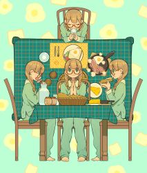 Rule 34 | 1girl, barefoot, braid, bread, brown hair, chair, cheese, drinking, eating, egg (food), food, fork, fried egg, fried egg on toast, frying pan, green eyes, green pants, green shirt, green theme, highres, knife, long hair, multiple views, nobile1031, open mouth, original, own hands together, pants, plaid, plate, red-framed eyewear, shirt, sunny side up egg, table, tablecloth, toast, twin braids