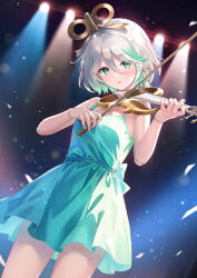 1girl alternate_costume back_bow blurry blurry_background bow bow_(music) braid cecilia_immergreen colored_inner_hair commentary doll doll_joints double-parted_bangs dress dutch_angle english_commentary green_dress green_eyes green_hair grey_hair hair_between_eyes hair_ornament holding holding_instrument holding_violin hololive hololive_english instrument joints looking_at_viewer multicolored_hair music open_mouth playing_instrument sebu_illust short_dress short_hair side_braid single_braid sleeveless sleeveless_dress solo spaghetti_strap standing streaked_hair violin virtual_youtuber winding_key