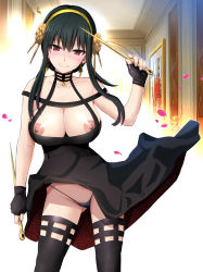 Rule 34 | 1girl, black dress, black gloves, black hair, black panties, black thighhighs, blush, breasts, cowboy shot, dagger, dress, dual wielding, earrings, fingerless gloves, flower, gloves, gold earrings, gold hairband, hair flower, hair ornament, hairband, harukigenia, highres, holding, holding dagger, holding knife, holding weapon, jewelry, knife, large breasts, nipples, nose blush, panties, red eyes, rose, short hair, short hair with long locks, sleeveless, sleeveless dress, smile, solo, spy x family, standing, thighhighs, two-sided dress, two-sided fabric, underwear, weapon, yor briar