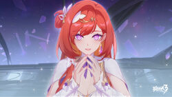 Rule 34 | 1girl, breasts, chinese commentary, cleavage, colored inner hair, dress, earrings, furrowed brow, highres, honkai (series), honkai impact 3rd, jewelry, logo, long hair, looking at viewer, multicolored hair, official art, official wallpaper, open mouth, own hands together, pink eyes, red hair, senadina (honkai impact), solo, upper body, white dress