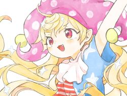 1girl american_flag american_flag_print arm_up blonde_hair blue_shirt clownpiece commentary fang flag_print hat highres long_hair multicolored_shirt neck_ruff open_mouth polka_dot_headwear print_shirt purple_hat red_eyes red_shirt sanunu36 shirt short_hair short_sleeves simple_background smile solo sparkle star_(symbol) striped_clothes striped_shirt symbol-only_commentary touhou upper_body white_background