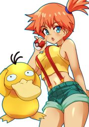 Rule 34 | 1girl, absurdres, aqua eyes, blue eyes, breasts, creatures (company), curvy, ears, embarrassed, eyebrows, eyelashes, game freak, gen 1 pokemon, guchurimu genrishugi, gym leader, highres, looking at viewer, medium breasts, misty (pokemon), navel, nintendo, orange hair, poke ball, pokemon, pokemon (anime), pokemon (classic anime), psyduck, shirt, shorts, simple background, smile, thick thighs, thighs, yellow shirt