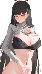 Rule 34 | 1girl, absurdres, black bra, black hair, blue archive, blunt bangs, bottomless, bra, breasts, cleavage, clothes lift, hair ornament, hairclip, halo, highres, katagirinanoka, large breasts, long hair, looking at viewer, navel, red eyes, rio (blue archive), simple background, solo, stomach, sweater, sweater lift, turtleneck, turtleneck sweater, underwear, upper body, very long hair, white background