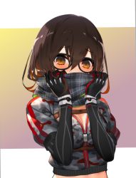 Rule 34 | 1girl, black-framed eyewear, black gloves, black jacket, black scarf, blush, breasts, brown hair, camouflage, camouflage jacket, cleavage, commentary, covering own mouth, cropped jacket, enpera, glasses, gloves, gradient background, hair between eyes, hololive, izumi sai, jacket, large breasts, looking at viewer, mechanical arms, roboco-san, roboco-san (1st costume), scarf, short hair, short sleeves, solo, upper body, virtual youtuber, yellow eyes, zipper, zipper pull tab