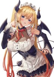 Rule 34 | 1girl, black dress, black sleeves, blonde hair, blurry, blush, breasts, chocolate, chocolate on face, chocolate on hand, cleavage, cowboy shot, demon girl, demon horns, demon tail, demon wings, detached sleeves, dress, fishnet top, fishnets, food, food on face, food on hand, frilled dress, frilled sleeves, frills, hair between eyes, heart, highres, hololive, horn ornament, horns, large breasts, long hair, long sleeves, looking at viewer, maid, maid headdress, tail, wings, yam (yam6056), yuzuki choco, yuzuki choco (maid)
