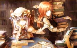 Rule 34 | 2girls, :o, bat wings, blurry, book, bookshelf, brown dress, capelet, carrying, crescent, cup, depth of field, desk, dress, dress shirt, embodiment of scarlet devil, empty, female focus, hair ribbon, hand on own cheek, hand on own face, hat, head wings, inobesion, koakuma, kotarou (rakugaki shirushi), library, long hair, long sleeves, multiple girls, necktie, open book, open mouth, outstretched arm, patchouli knowledge, pink dress, purple eyes, purple hair, red eyes, red hair, ribbon, saucer, scroll, shirt, skirt, skirt set, striped clothes, striped dress, teacup, too many, too many books, touhou, vest, voile, wings