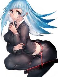 Rule 34 | 1girl, arm under breasts, belt, bent over, black eyes, black pants, black suit, blue hair, breasts, cropped legs, finger to mouth, formal, fumio (rsqkr), highres, jujutsu kaisen, katana, knee up, large breasts, lips, medium breasts, miwa kasumi, pants, sheath, sheathed, shirt, solo, suit, sword, thighs, weapon, white background, white shirt
