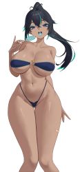 Rule 34 | 1girl, absurdres, bandaid, bandaid on face, bare shoulders, bikini, black hair, blush, breasts, candy, cleavage, collarbone, commission, curvy, dark skin, eating, fangs, food, gluteal fold, green hair, groin, hair between eyes, halterneck, high ponytail, highleg, highleg bikini, highres, kou (kokounene), large breasts, lollipop, long hair, looking at viewer, micro bikini, mole, mole on breast, multicolored hair, navel, o-ring, o-ring bikini, o-ring top, open mouth, original, pixiv commission, ponytail, sidelocks, simple background, skindentation, smile, solo, standing, streaked hair, string bikini, swimsuit, thighs, tongue, underboob, white background, wide hips