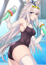 Rule 34 | 1girl, :o, ahoge, animal ears, ass, black one-piece swimsuit, blue eyes, blurry, blurry background, breasts, commentary request, depth of field, ear ornament, elbow gloves, food, from behind, gloves, grey hair, hair ornament, highres, holding, holding food, horse ears, horse girl, horse tail, ice cream cone, long hair, looking at viewer, looking back, medium breasts, oguri cap (umamusume), one-piece swimsuit, open mouth, partial commentary, rei no pool, school swimsuit, solo, standing, swimsuit, tail, teaclaw, thighhighs, thighs, umamusume, white gloves, white thighhighs