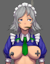 Rule 34 | 1girl, bad id, bad pixiv id, braid, breasts, breasts apart, cigar, clothes lift, controller, face, female focus, game controller, gamepad, grey background, hone shoukan, izayoi sakuya, jitome, joystick, large breasts, maid, maid headdress, necktie, shirt lift, short hair, silver hair, simple background, smoking, solo, too literal, touhou, twin braids, veins