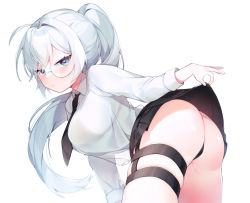 Rule 34 | 1girl, ahoge, ass, bent over, black panties, black skirt, blouse, blue eyes, breasts, closed mouth, clothes lift, collared shirt, commission, cowboy shot, expressionless, from side, gluteal fold, highres, large breasts, lifted by self, long hair, long sleeves, looking at viewer, looking to the side, medium breasts, miniskirt, monocle, necktie, original, panties, pleated skirt, ponytail, see-through silhouette, sen light, shirt, skindentation, skirt, skirt lift, solo, standing, thigh strap, thighs, underwear, white hair, white shirt