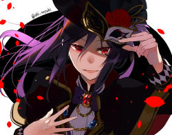 Rule 34 | 1girl, bad id, bad pixiv id, bang dream!, black hat, bow, bowtie, brooch, cape, commentary request, flower, hair between eyes, hand on own chest, hat, hat flower, holding, holding mask, jewelry, long sleeves, looking at viewer, mask, masquerade mask, petals, phantom thief, ponytail, purple bow, purple bowtie, purple hair, red eyes, red flower, red rose, rose, seta kaoru, shino yuki, sidelocks, smile, solo, twitter username, unworn mask, upper body