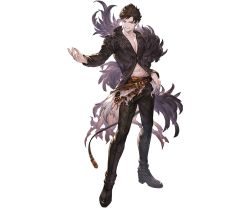 Rule 34 | 1boy, belial (granblue fantasy), belt, black hair, black pants, black shirt, full body, granblue fantasy, hand on own hip, looking at viewer, pectoral cleavage, male focus, minaba hideo, official art, pants, partially unbuttoned, pectorals, red eyes, shirt, solo, transparent background