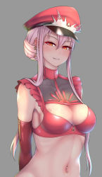 Rule 34 | 1girl, alternate costume, armpit peek, arms behind back, blush, breast tattoo, breasts, cleavage, cleavage cutout, closed mouth, clothing cutout, commentary request, crop top, ear piercing, earrings, elbow gloves, fate/grand order, fate (series), glint, gloves, grey background, hair between eyes, half-closed eyes, hat, heart, jewelry, looking at viewer, medb (alluring chief warden look) (fate), medb (fate), medium breasts, naughty face, navel, navel piercing, nikuku (kazedesune), parted lips, peaked cap, piercing, pink hair, red eyes, red gloves, red hat, short hair with long locks, sidelocks, simple background, sleeveless, smile, solo, stomach, tattoo, tsurime, upper body, zipper