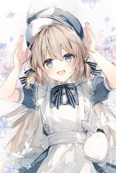 Rule 34 | 1girl, :d, animal, animal on head, apron, arms up, beret, black bow, blue dress, blue eyes, blue hat, bow, brown hair, collared dress, commentary, dress, frilled apron, frills, hair between eyes, hat, highres, long hair, looking at viewer, mochizuki shiina, on head, open mouth, original, puffy short sleeves, puffy sleeves, rabbit, short sleeves, smile, solo, striped, striped bow, symbol-only commentary, very long hair, white apron