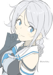 Rule 34 | 1girl, black gloves, blue eyes, blue neckwear, blush, braid, breasts, elbow gloves, gloves, kantai collection, long hair, medium breasts, mole, mole under eye, ninimo nimo, one-hour drawing challenge, sailor collar, silver hair, simple background, single braid, smile, solo, twitter username, umikaze (kancolle), upper body, white background