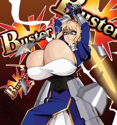 1girl alternate_breast_size armor artoria_pendragon_(fate) blonde_hair blue_dress bouncing_breasts breast_expansion breasts cleavage dress eyelashes fate_(series) female_focus gauntlets highres holding holding_sword holding_weapon huge_breasts shiny_skin solo strongmoist sword weapon white_dress