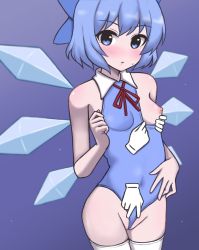 Rule 34 | 1girl, blue background, blue bow, blue eyes, blue hair, blue leotard, blush, bow, breasts, cirno, cleft of venus, collared leotard, cowboy shot, detached wings, disembodied hand, female focus, frontal wedgie, hair bow, highres, leotard, nipples, nuclear cake, one breast out, parted lips, partially visible vulva, pulling another&#039;s clothes, simple background, small breasts, sweatdrop, thighhighs, touhou, white thighhighs, wings