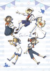 Rule 34 | 2girls, 3boys, alternate costume, anchor symbol, creatures (company), dress, elio (pokemon), english text, game freak, gen 1 pokemon, gladion (pokemon), hat, hau (pokemon), highres, lapras, lillie (pokemon), mary janes, miu (miuuu 721), multiple boys, multiple girls, nintendo, pokemon, pokemon sm, sailor, sailor collar, sailor dress, sailor hat, selene (pokemon), shoes, shorts, siblings, smile, suspenders, telescope