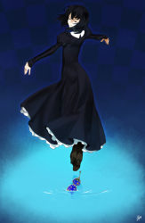 Rule 34 | 1girl, 92m, black dress, black hair, boots, dress, closed eyes, floating, juliet sleeves, kuonji alice, long dress, long sleeves, mahou tsukai no yoru, outstretched arms, puffy sleeves, ripples, short hair, solo, spread arms