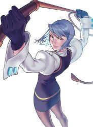 Rule 34 | 1girl, ace attorney, arms up, black gloves, black skirt, black vest, blue hair, brown pantyhose, commentary, d3athbyglamour, earrings, english commentary, franziska von karma, gloves, highres, holding, holding whip, jewelry, juliet sleeves, long sleeves, looking at viewer, looking back, mole, mole under eye, pantyhose, pencil skirt, puffy sleeves, shirt, short hair, simple background, skirt, solo, standing, vest, whip, white background, white shirt