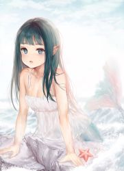 Rule 34 | 1girl, bare arms, bare shoulders, blue eyes, blunt bangs, blush, breasts, cleavage, collarbone, day, dress, eyebrows hidden by hair, green hair, liby (libtnvd), long hair, looking at viewer, mermaid, monster girl, open mouth, original, outdoors, pointy ears, revision, sleeveless, sleeveless dress, small breasts, solo, starfish, very long hair, water, waves, white dress