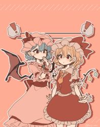 Rule 34 | !, 2girls, ascot, back bow, bat wings, blonde hair, blue hair, bow, closed mouth, collared shirt, commentary request, feet out of frame, flandre scarlet, frilled shirt collar, frilled skirt, frilled sleeves, frills, green brooch, hair between eyes, hand to own mouth, hat, hat ribbon, laspberry., medium hair, mob cap, multicolored wings, multiple girls, necktie, open mouth, pink headwear, pink shirt, pink skirt, puffy short sleeves, puffy sleeves, red ascot, red bow, red eyes, red ribbon, red skirt, red vest, remilia scarlet, ribbon, shirt, short hair, short sleeves, siblings, simple background, sisters, skirt, skirt set, spoken exclamation mark, touhou, vest, white bow, white headwear, white shirt, wings, wrist cuffs, yellow necktie