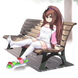 Rule 34 | 1girl, bench, blush, bow, breasts, brown hair, candy, commentary request, daughter (konoshige), food, food in mouth, hair ornament, high ponytail, highres, konoshige (ryuun), legs up, lollipop, long hair, looking at viewer, medium breasts, original, ponytail, purple eyes, red bow, simple background, sitting, skindentation, slippers, solo, thick thighs, thighhighs, thighs, white background, white thighhighs