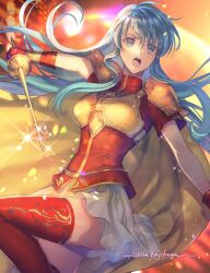 Rule 34 | 1girl, :o, aqua eyes, aqua hair, armor, breastplate, cape, commentary request, dress, eirika (fire emblem), fire emblem, fire emblem: the sacred stones, fujikawa arika, gloves, highres, holding, holding sword, holding weapon, long hair, looking at viewer, nintendo, rapier, red dress, red gloves, red thighhighs, short sleeves, shoulder armor, sidelocks, skirt, solo, sword, thighhighs, weapon, white skirt