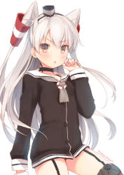 Rule 34 | 10s, 1girl, amatsukaze (kancolle), blush, brown eyes, choker, dress, frown, garter straps, hair ornament, kantai collection, long hair, looking at viewer, open mouth, personification, sailor dress, short dress, silver hair, solo, thighhighs, twintails, two side up, usashiro mani, zettai ryouiki