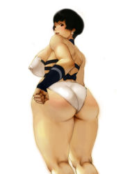 Rule 34 | 1girl, ass, black hair, breasts, character request, huge ass, huge breasts, impossible clothes, large breasts, legs, lips, looking at viewer, looking back, plump, see-through, sekigan juu mitsuyoshi, short hair, simple background, smile, solo, studio tomboy, thick thighs, thighs, white background, wristband