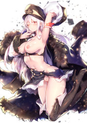 Rule 34 | 1girl, :o, arm up, armpits, belt, black footwear, black legwear, boots, breasts, cross, detached sleeves, fur trim, girls&#039; frontline, hat, high heel boots, high heels, highres, kar98k (girls&#039; frontline), large breasts, long hair, looking at viewer, navel, nipples, no bra, no panties, one eye closed, pussy, red eyes, shennai misha, solo, torn clothes, white background, white hair