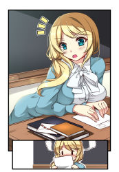 Rule 34 | 1girl, aqua eyes, blonde hair, blue jacket, blush, board, book, breast press, breasts, commentary request, ellen baker, green eyes, hair over shoulder, hair ribbon, hand on table, highres, jacket, letter, long hair, long sleeves, low ponytail, new horizon, open mouth, photo (object), ribbon, scrunchie, sheita, solo, upper body