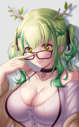 Rule 34 | 1girl, absurdres, adjusting eyewear, antlers, black choker, black ribbon, branch, breasts, cardigan, ceres fauna, ceres fauna (jirai kei), choker, cleavage, glasses, green hair, hair ribbon, heart, heart choker, highres, hololive, hololive english, horns, large breasts, looking at viewer, official alternate costume, open cardigan, open clothes, ribbon, seapupu, shirt, smile, solo, suspenders, tree horns, virtual youtuber, white shirt, yellow eyes