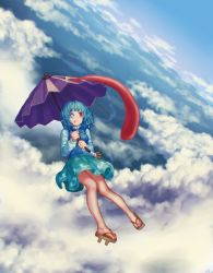 Rule 34 | 1girl, absurdres, blue hair, blue skirt, blush, cloud, cloudy sky, day, full body, geta, highres, holding, holding umbrella, looking at viewer, one eye closed, outdoors, parasol, red eyes, short hair, skirt, sky, smile, solo, tatara kogasa, teiraa, tongue, tongue out, touhou, umbrella