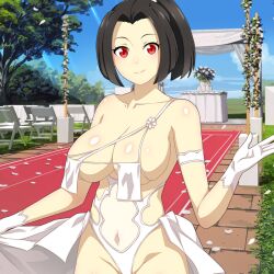 Rule 34 | 1girl, alternate costume, black hair, breast curtains, breasts, bridal gauntlets, bride, challengia, collarbone, day, dress, gloves, large breasts, leotard, long hair, looking at viewer, navel, nchans, nchans style, official art, orcaleon, outdoors, ponytail, red eyes, revealing clothes, see-through, see-through leotard, smile, tree, urachan, wedding, wedding dress, white gloves, white leotard