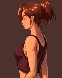 Rule 34 | 1girl, absurdres, breasts, brown background, brown eyes, brown hair, brown tank top, brown theme, commentary, crop top, from side, frown, highres, medium breasts, midriff, original, ponytail, profile, ronillust, solo, tank top, v-shaped eyebrows