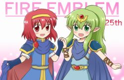 Rule 34 | 2girls, :d, armor, belt, blue dress, blue gloves, blue shirt, blush, cape, copyright name, cosplay, dress, fang, fingerless gloves, fire emblem, fire emblem: mystery of the emblem, fire emblem: shadow dragon and the blade of light, gloves, green eyes, green hair, hairband, holding hands, interlocked fingers, long hair, maria (fire emblem), marth (fire emblem), marth (fire emblem) (cosplay), multiple girls, nintendo, open mouth, pointy ears, ponytail, red eyes, red hair, reverse (bluefencer), shirt, short hair, simple background, smile, tiara, tiki (fire emblem), tiki (young) (fire emblem)