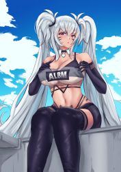 Rule 34 | 1girl, alabama (azur lane), azur lane, bandeau, bare shoulders, bikini, bikini under clothes, black bikini, black gloves, black shorts, black thighhighs, blue sky, breasts, cleavage, clothes writing, cloud, commentary, day, detached collar, elbow gloves, facial mark, feet out of frame, gloves, highres, ishimaru (ishimarust), large breasts, long hair, looking at viewer, midriff, navel, outdoors, parted lips, red eyes, short shorts, shorts, silver hair, sitting, sky, solo, stomach, strapless, swimsuit, thighhighs, tube top, twintails, very long hair, whisker markings