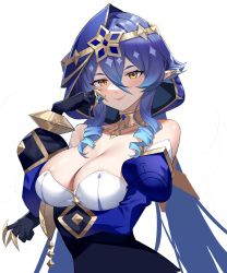 Rule 34 | 1girl, absurdres, arm under breasts, bare shoulders, black gloves, blue hair, blue hood, breast hold, breasts, claw ring, cleavage, closed mouth, detached sleeves, drill hair, drill sidelocks, gaosu gong lu, genshin impact, gloves, hand up, highres, jewelry, large breasts, layla (genshin impact), long hair, long sleeves, neck ring, pointy ears, puffy long sleeves, puffy sleeves, ringlets, shiny skin, sidelocks, simple background, smile, solo, twintails, white background, yellow eyes