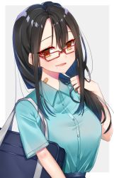 Rule 34 | 1girl, bag, bandaid, black hair, blue shirt, blue skirt, breasts, brown eyes, buttons, collared shirt, commentary request, glasses, hair between eyes, hand up, highres, itoi toi, long hair, looking at viewer, mole, mole under mouth, original, parted lips, red-framed eyewear, revision, school bag, shirt, shirt tucked in, short sleeves, sidelocks, skirt, small breasts, smile, solo, upper body