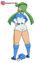 Rule 34 | 1girl, animated, animated gif, ass, baseball bat, baseball cap, baseball uniform, belt, blue hat, creatures (company), dark-skinned female, dark skin, diives, female focus, from behind, game freak, green hair, hand on own hip, hat, highres, layered sleeves, long hair, long sleeves, mallow (pokemon), matching hair/eyes, nintendo, pokemon, pokemon (anime), pokemon sm (anime), shiny skin, shirt, short over long sleeves, short shorts, short sleeves, shorts, smile, solo, sportswear, squatting, standing, twintails, white background, white shorts
