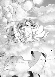 Rule 34 | 2girls, angel wings, balloon, barefoot, child, female focus, greyscale, happy, heaven, hug, inma, monochrome, mother and daughter, multiple girls, original, outdoors, sky, wings
