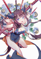 Rule 34 | 1girl, bare shoulders, blue dress, blue eyes, blue footwear, blunt bangs, blush, breasts, china dress, chinese clothes, cleavage, detached sleeves, dress, fate/grand order, fate (series), floral print, flower, flute, hair ornament, high heels, highres, instrument, large breasts, leaf hair ornament, leaning forward, long hair, looking at viewer, nail polish, open mouth, pink nails, pipa (instrument), purple hair, side slit, sidelocks, smile, solo, tajuu jinkakuno kaze, thighs, twintails, very long hair, white background, yang guifei (fate), yang guifei (second ascension) (fate)